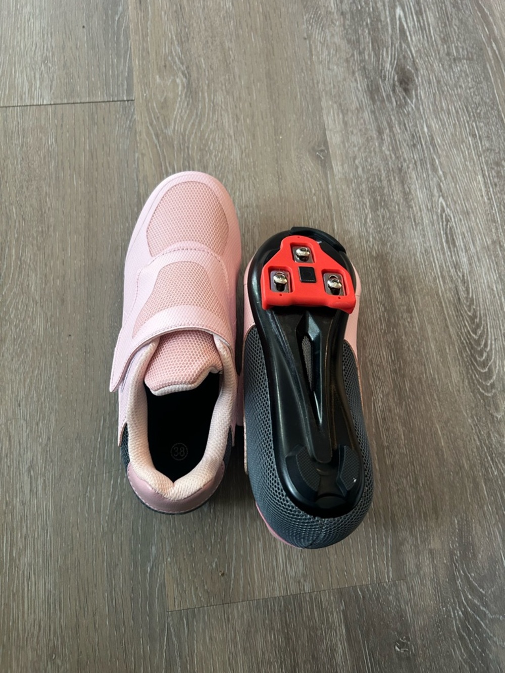 Peloton Pink Women’s Cycling Shoes with Black Sole and Red Cleat